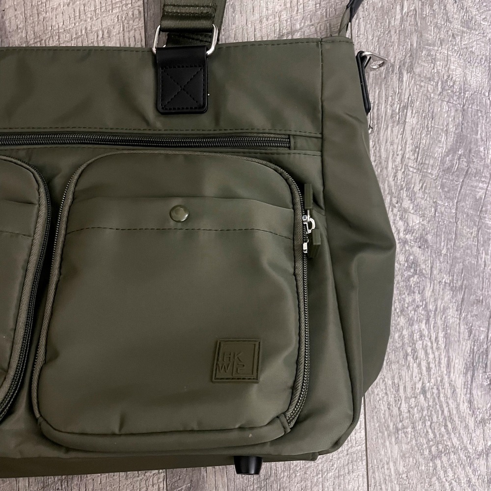 IHKWIP Olive Green Nylon Laptop Tote Bag Work Travel Commuter Multi Pocket - Picture 3 of 7